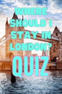 "where should I stay in London quiz" text overlaid on an image of Tower Bridge stretching over the Thames