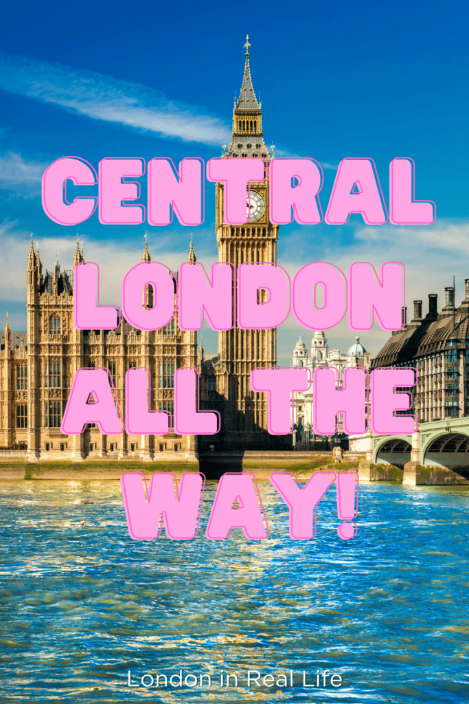 Quiz result graphic for London in Real Life's "Where To Stay in London Quiz". Image of Big Ben from the Thames with pink bubble text overlaid: "Central London all the way." 