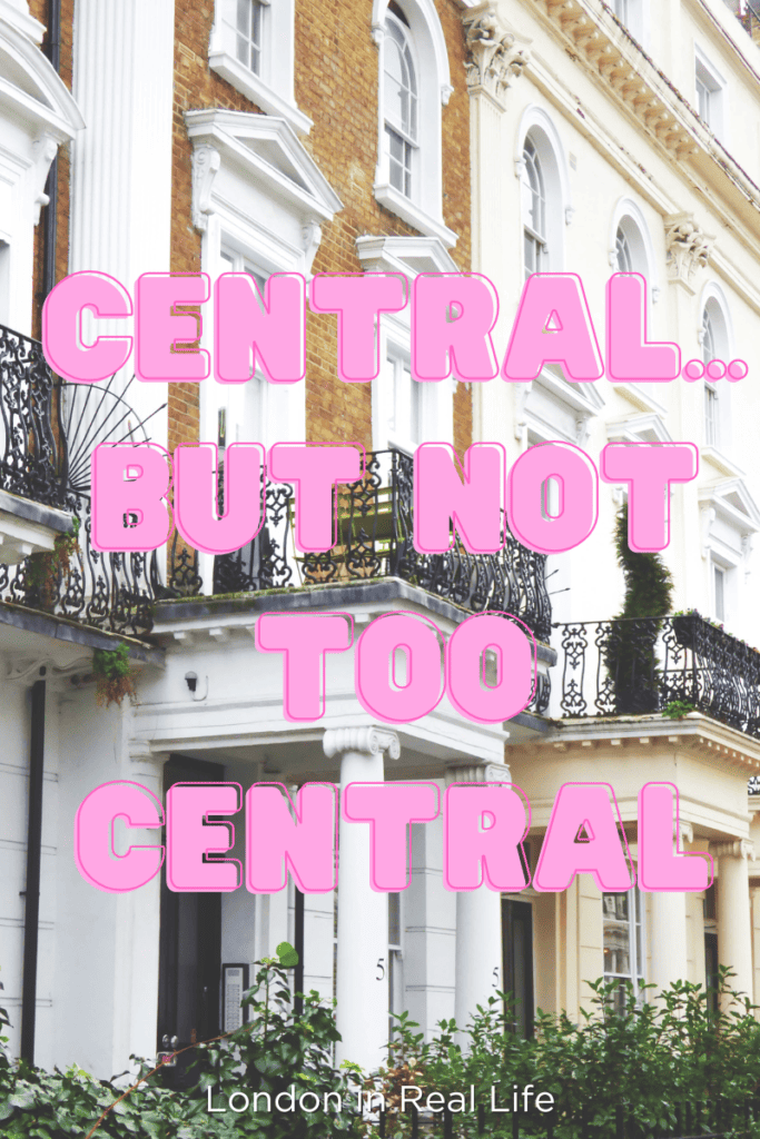 Quiz result graphic for London in Real Life's "Where To Stay in London Quiz". Image of white London townhouses with pink bubble text overlaid: "Central...But Not Too Central."