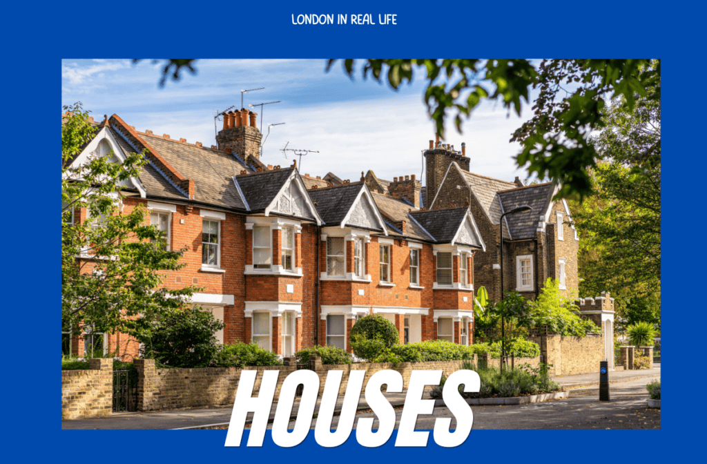 image of English houses with text "houses" with blue background