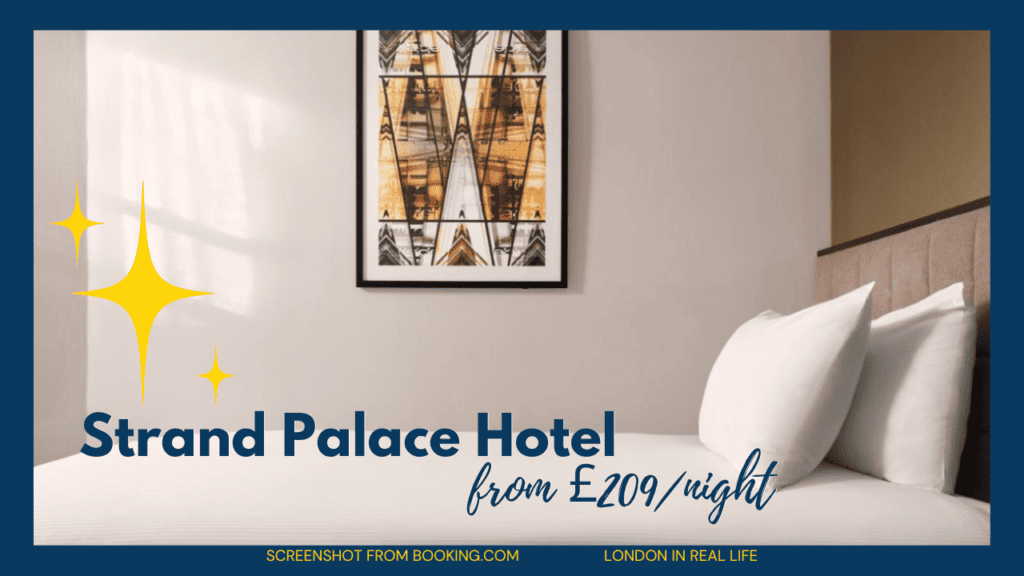 hidden gem hotels in London: image of clean modern hotel room with text: "strand palace hotel from £205/night"