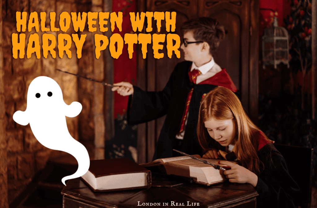 london halloween kids activities: the Warner Brothers Harry Potter studio offers a dark arts attraction during the month of october. Image of boy and girl dressed as harry and hermoine 