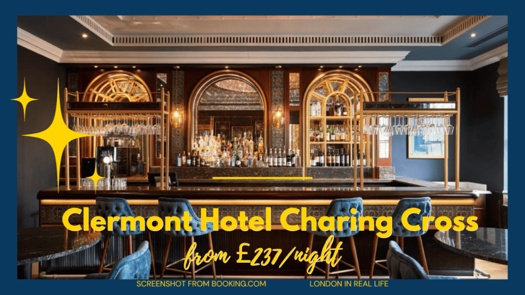 hidden gem hotels in london cheap: claremont hotel charing cross. image of the hotel bar with descriptive text overlaid: "Claremont Hotel Charing Cross from £237/night"