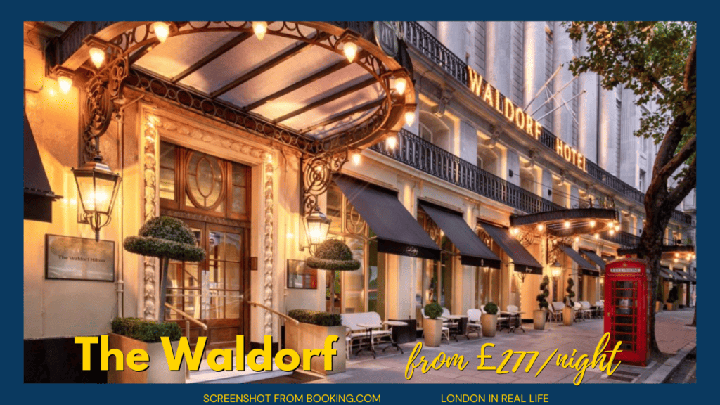 hidden gem hotels in london luxury: the waldorf. Image of ornate exterior of hotel with text overlaid: "The Waldorf, from £287/night"