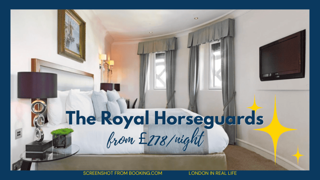 hidden gem hotels in london luxury: image of clean lucury hotel room with text overlaid "the royal horseguards hotel, from £287/night"