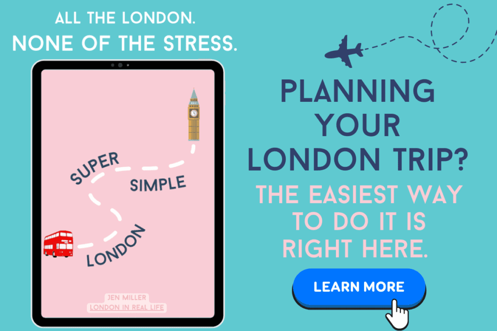 teal background with graphic of London travel guide on ipad. Text says "Planning your london trip? The easiest way to do it is right here." Button graphic with "learn more"