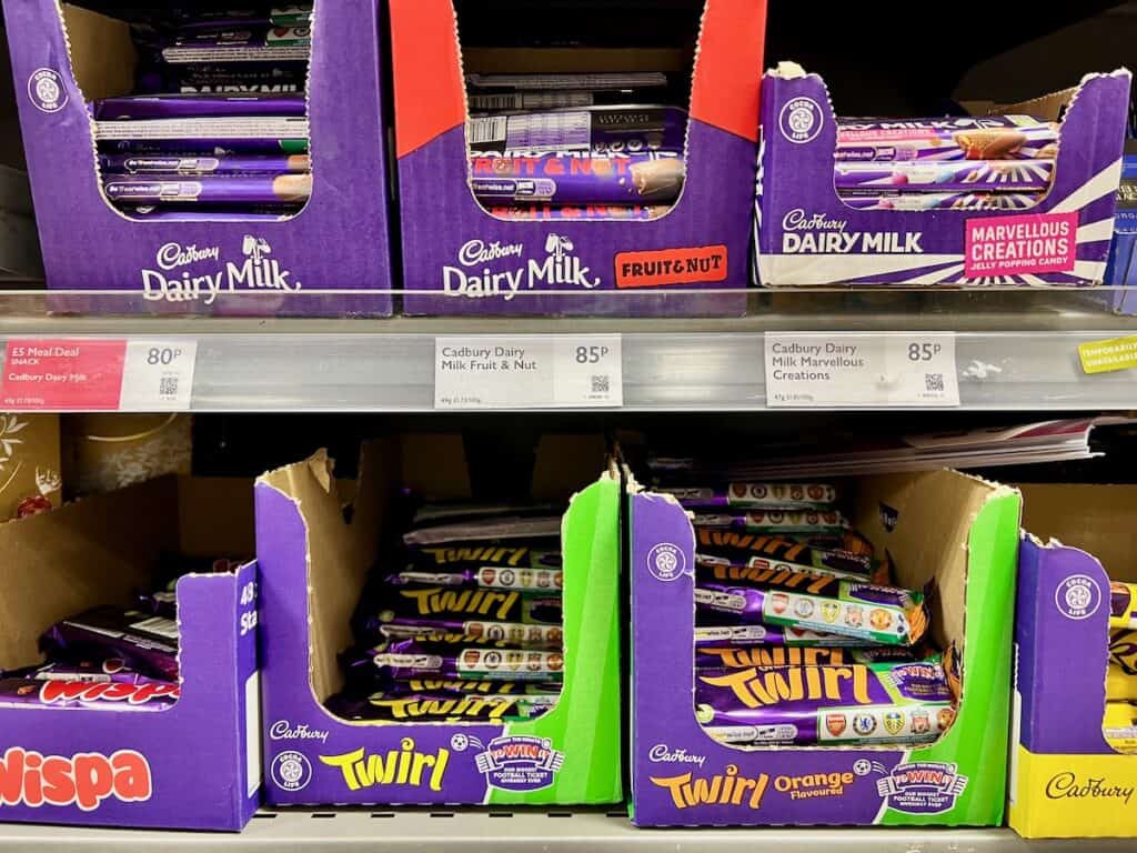 Cadbury chocolate bars - a great gift from London - on grocery store shelves. 