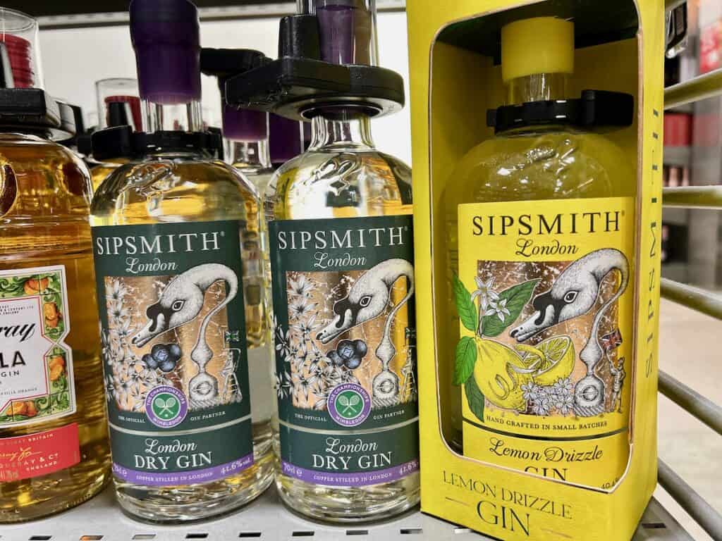 Image of Sipsmith Gin on Waitrose shelves. Sipsmith Gin is a popular gift from London with pretty bottle designs and unique flavors. 