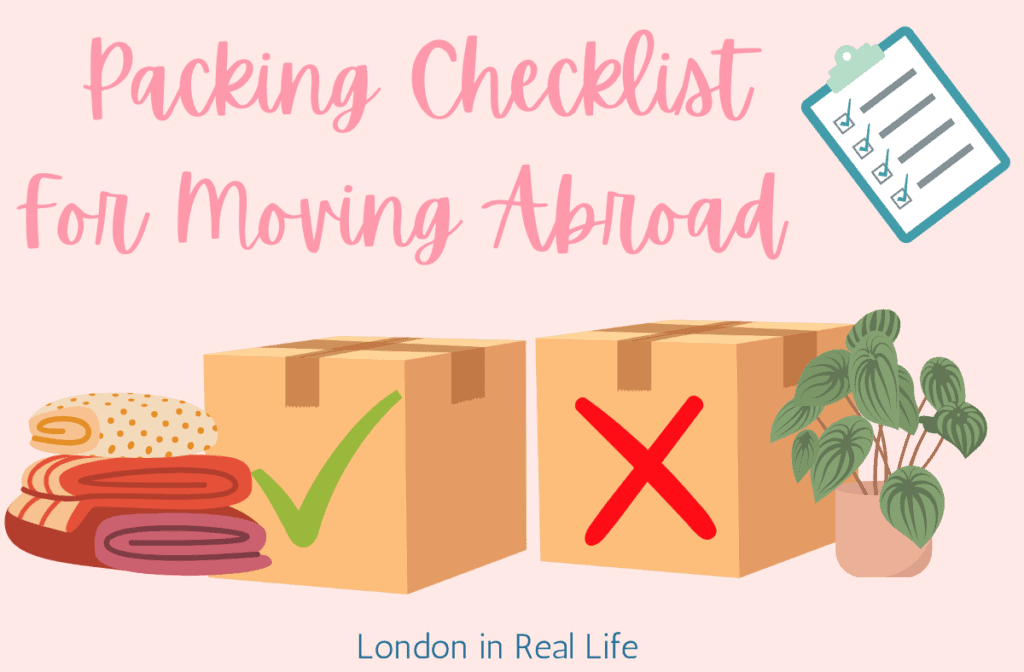 moving abroad packing checklist: colorful graphics of moving boxes with text: "packing checklist for moving abroad"