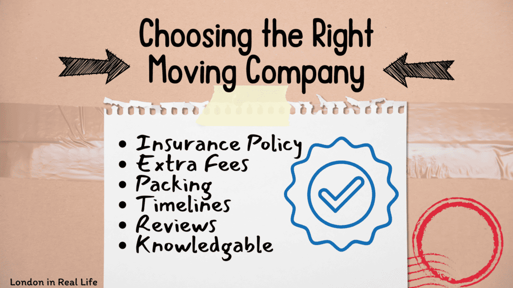 how to choose the right moving company to ship personal belonging internationally: bullet point lists on things to look for in an international moving company over colorful graphics of moving boxes and post-it notes