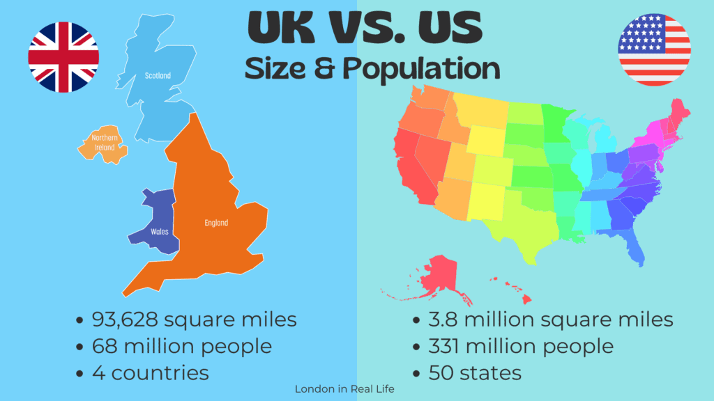 us vs uk size and population: maps with statistics for both countries compared