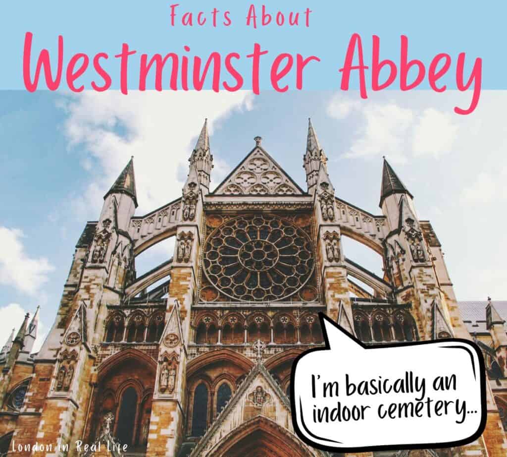 fun and interesting facts about Westminster Abbey: Image of the exterior of the Abbey with a thought bubble emerging that reads: "I'm basically a massive indoor cemetery..."