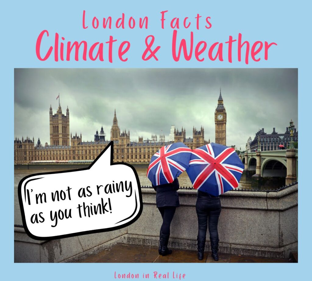 fun london facts about weather and climate. Image of two people holding big ben patterened umbrellas looking out over the thames with a speech bubble popping out of the sky that reads: "I'm not as rainy as you think I am!"