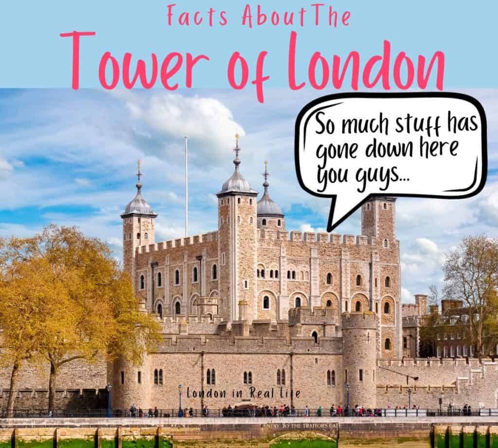cool things to know about the tower of london and its history: Image of the Tower from the Thames with a speech bubble emerging from the spire that reads: "So much stuff has gone down here, you guys!"