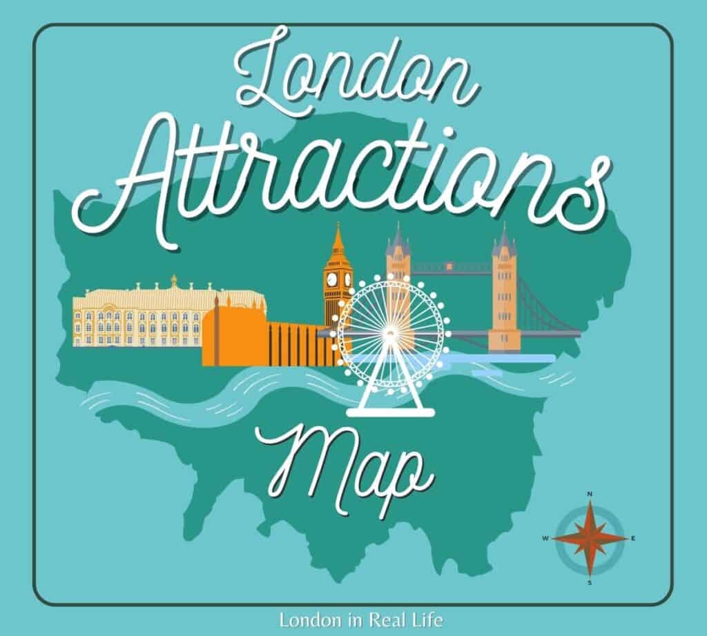 Stylized 'London Attractions Map' featuring iconic London landmarks superimposed over a silhouette of London's map. The illustration includes the Houses of Parliament, Big Ben, the London Eye, and a portion of Tower Bridge, all set against a teal background with a compass rose indicating direction. This image is ideal for tourists and online visitors interested in a visual overview of major sights in London, corresponding with the search keyword 'attraction map of London'.
