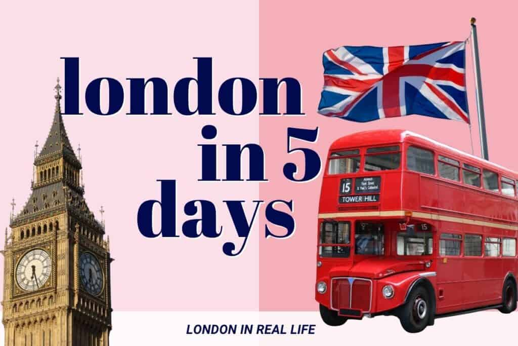Cover image for '5 days in London' itinerary featuring Big Ben and a classic red Routemaster bus with the route number 15 to Tower Hill, against a Union Jack fluttering in the breeze, all set on a pink background. This image captures iconic symbols of London, setting the tone for a quintessential city experience.