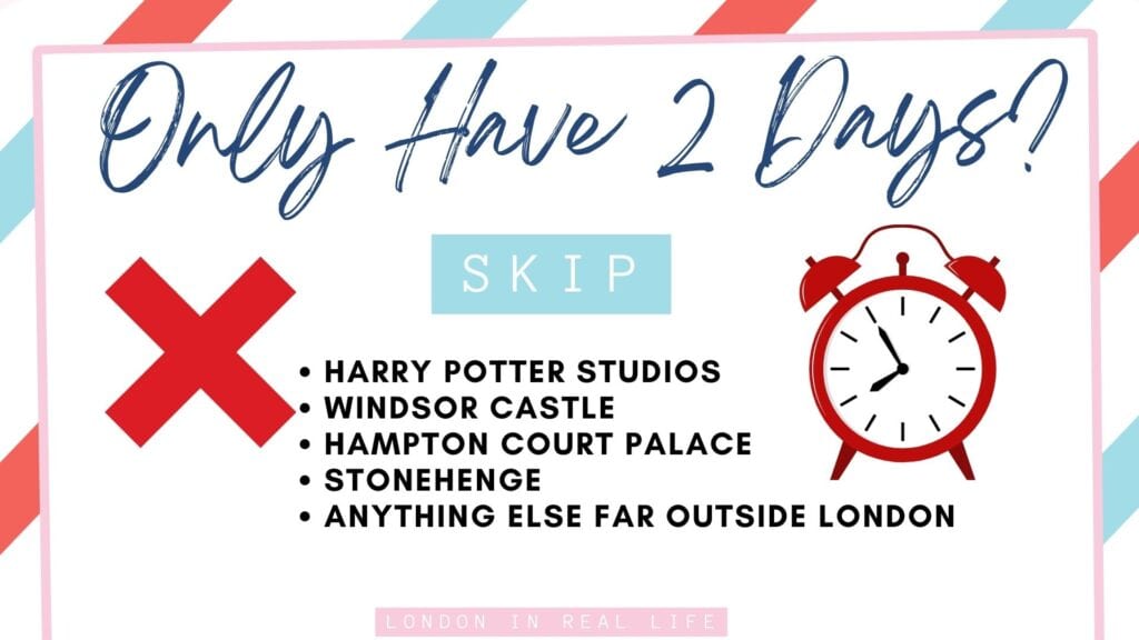 Graphic advising on what to skip with a 'Only Have 2 Days?' header, suggesting visitors skip Harry Potter Studios, Windsor Castle, Hampton Court Palace, Stonehenge, and anything else far outside London to maximize a short 2-day trip in the city.