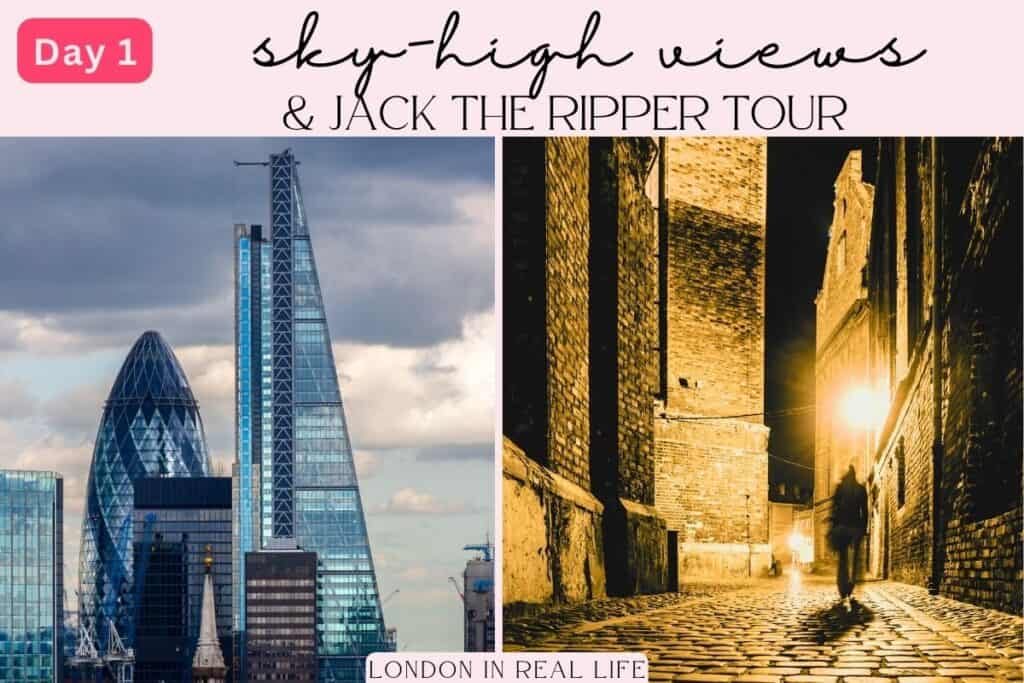Opening day of an itinerary for 6 days in London featuring a juxtaposition of modern architecture with the Shard and the Gherkin against the atmospheric backdrop of a historical alley from the Jack the Ripper tour. This blend of contemporary and historical visuals sets the tone for a diverse exploration of the city.