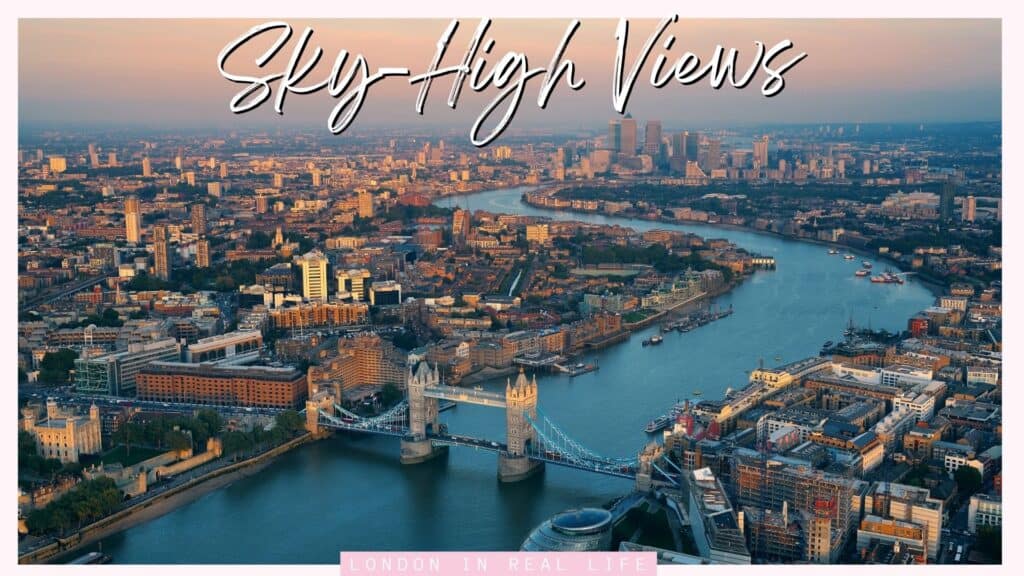 Aerial view of London at dusk with the Thames River winding through the city, the Tower Bridge illuminated, and the soft glow of city lights beginning to shine, captured as a breathtaking 'Sky-High View' on a London 2 day itinerary.