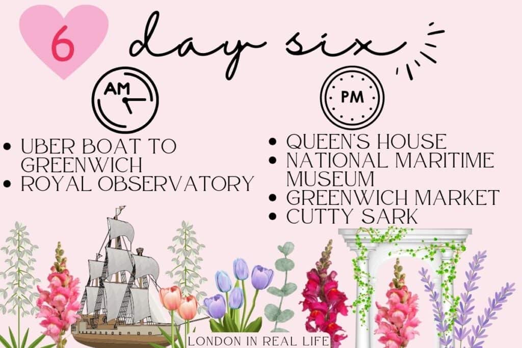 Final day graphic of a London 6-day itinerary, depicting a morning Uber boat ride to the Royal Observatory and an afternoon exploring the Queen's House, National Maritime Museum, Greenwich Market, and the historic Cutty Sark ship. The image features charming illustrations of a ship and architectural elements with floral accents, symbolizing a day of maritime discovery and architectural beauty in Greenwich.