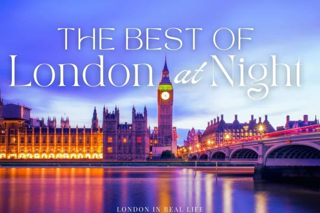 The iconic London skyline at night, featuring the majestic Houses of Parliament and the Big Ben clock tower illuminated against the twilight sky, with Westminster Bridge spanning the River Thames, epitomizing the best of London at night.