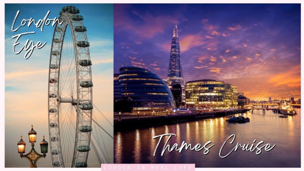 Split image featuring the iconic London Eye against a clear sky on the left, and a magical sunset view of a Thames cruise with the Shard in the background on the right, both capturing the essence of 'London in 2 days' with must-see landmarks and experiences.