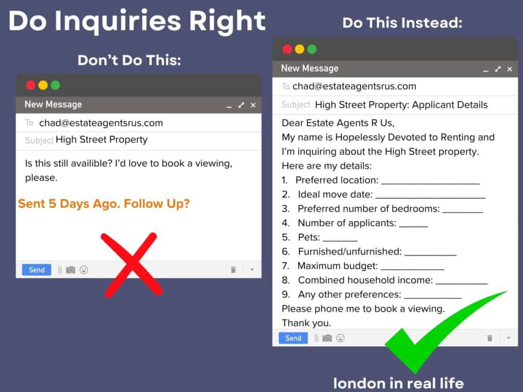 A colorful infographic illustrating how to properly send a property inquiry to rent in London. On the left is an email that got no response, as it only asks if a flat is available. On the right is a detailed inquiry that includes location, move date, number of bedrooms, applicant information, pets, budget, and more. Title text reads "Do Inquiries Right".
