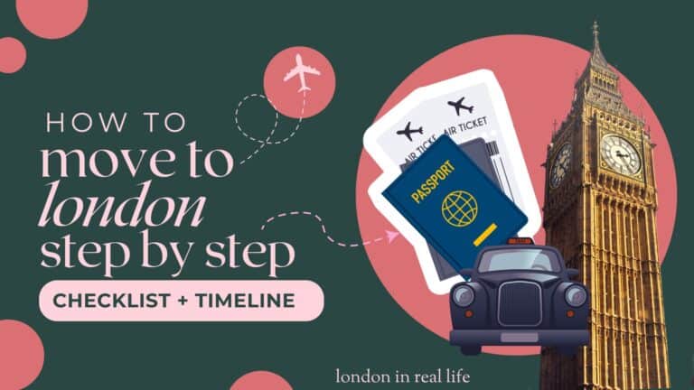 Cover image for an American immigrant's guide for how to move to London. A green background features pink title text: "How to move to london, step by step: checklist and timeline." Colorful graphics of Big Ben, a London black cab, and a blue passport illustrate the process of moving to London.